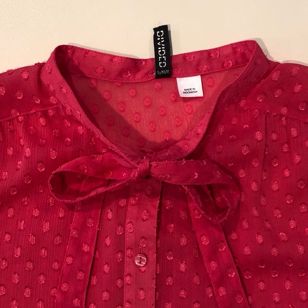 Pretty H&M Pink Swiss Dot Semi Sheer Bow Accent Top